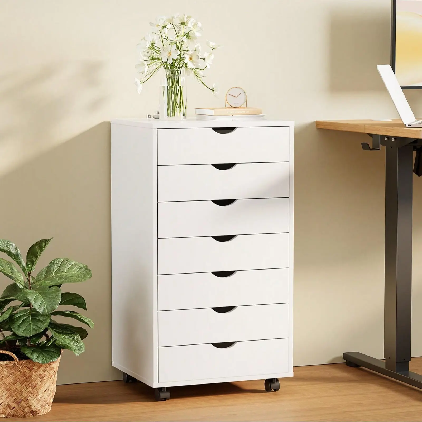 Mobile Vertical File Cabinet 7 Drawer Wood Chest Organizer, Printer Table Dresser With Wheels For Office Study