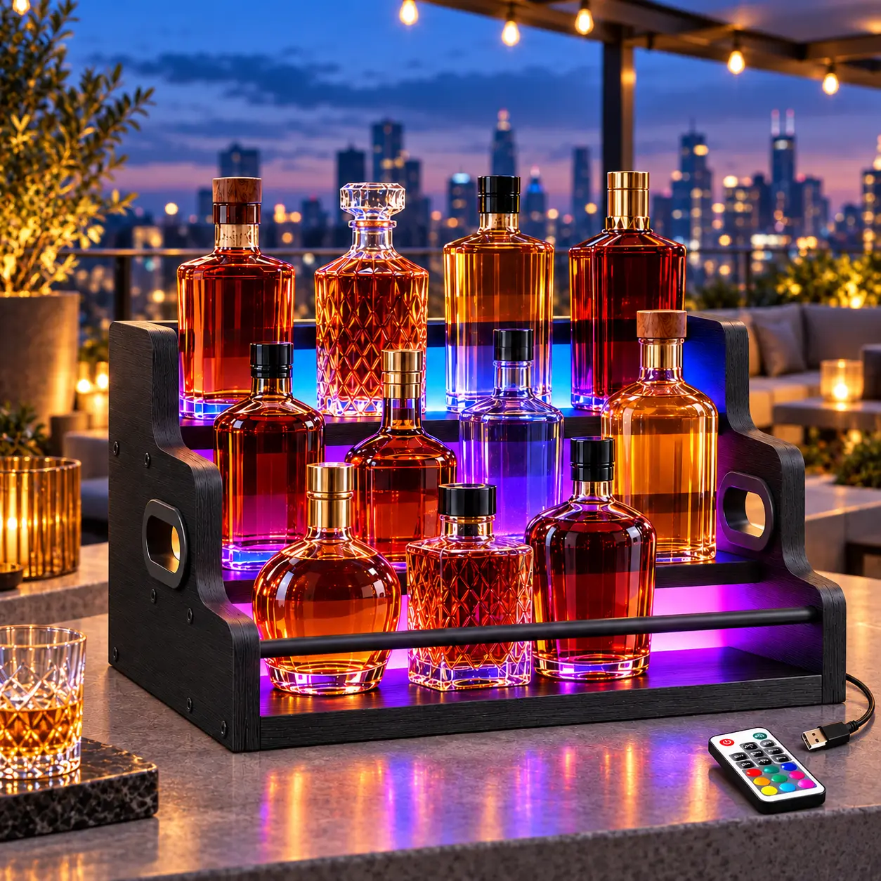 3-Tier LED Liquor Bottle Display Shelf with Remote Control, Color-Changing Whiskey & Wine Rack for Home Bar, Liquor Cabinet, Coffee Syrup Organizer & Countertop Display Stand