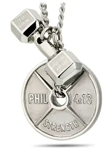 Shields of Strength Men's Stainless Steel Weight Plate and Dumbbell Combo Pendant Necklace Inscribed with Bible Verse for Weightlifters