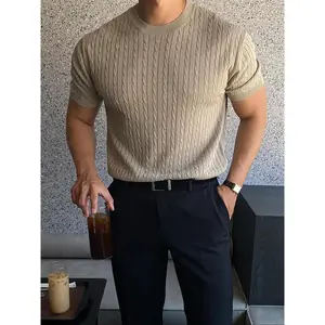 2026 Men's Slim Fit Textured Cable Knit Short Sleeve Pullover Crew Neck Casual Summer Knitwear Soft Breathable Lightweight Versatile Daily Top