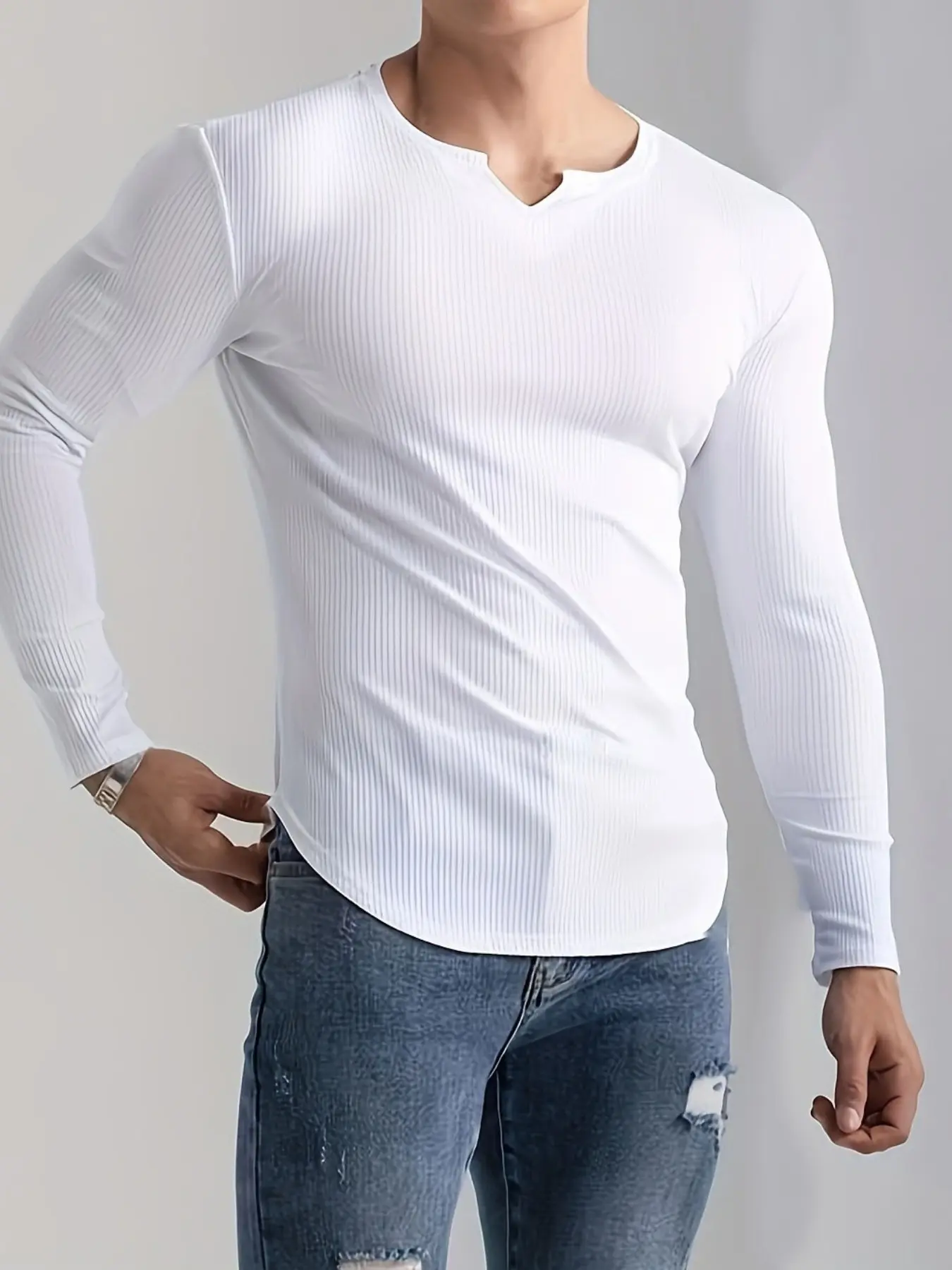 Men's Ribbed Henley Long Sleeve Shirt, V-Neck Notch Collar Slim Fit Casual Classic Tee, Stretchy Textured Top for Daily Wear, Business Casual and Layering, Streetwear, Menswear