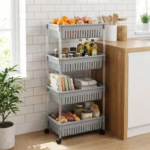 Thickened Large Rectangular Four-Tier Assembly Rolling Shelf, Movable Storage Rack for Dining Room, Living Room, Bathroom