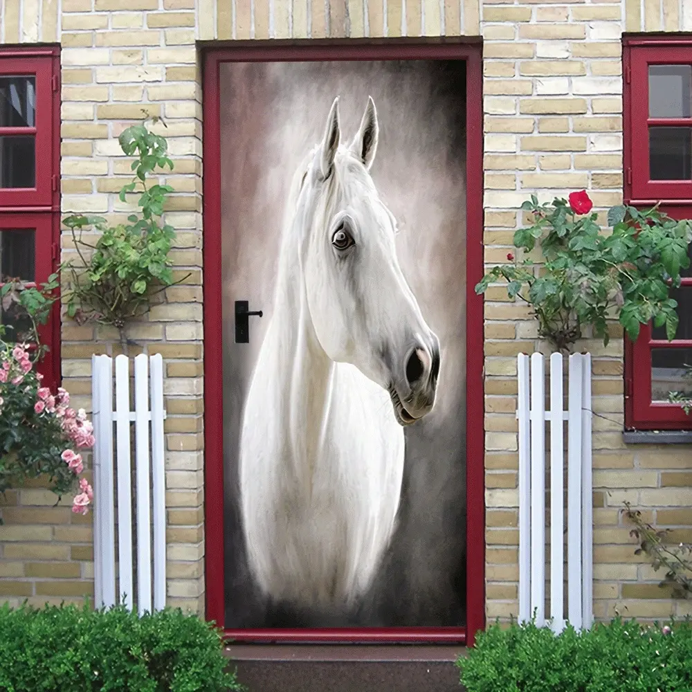 2pcs White Horse Head Decorative Wall Sticker Elegant Animal Art Mural Decal for Living Room Bedroom Home Decoration Self Adhesive Vinyl Removable Peel and Stick Decor DIY Door Window Decoration Acces