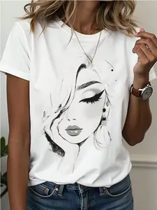 Women Casual Short Sleeve T-Shirt With Simple Line Face Pattern