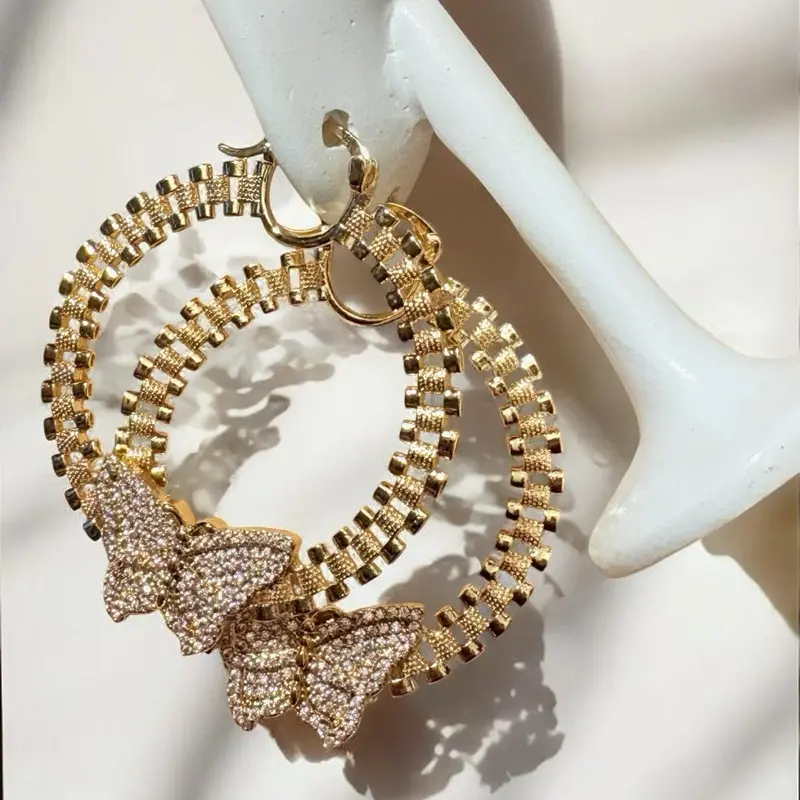 Women's 18K Gold-Plated Butterfly Hoop Earrings, Sparkling Cubic Zirconia Accents, Elegant Daily & Special Occasion Jewelry