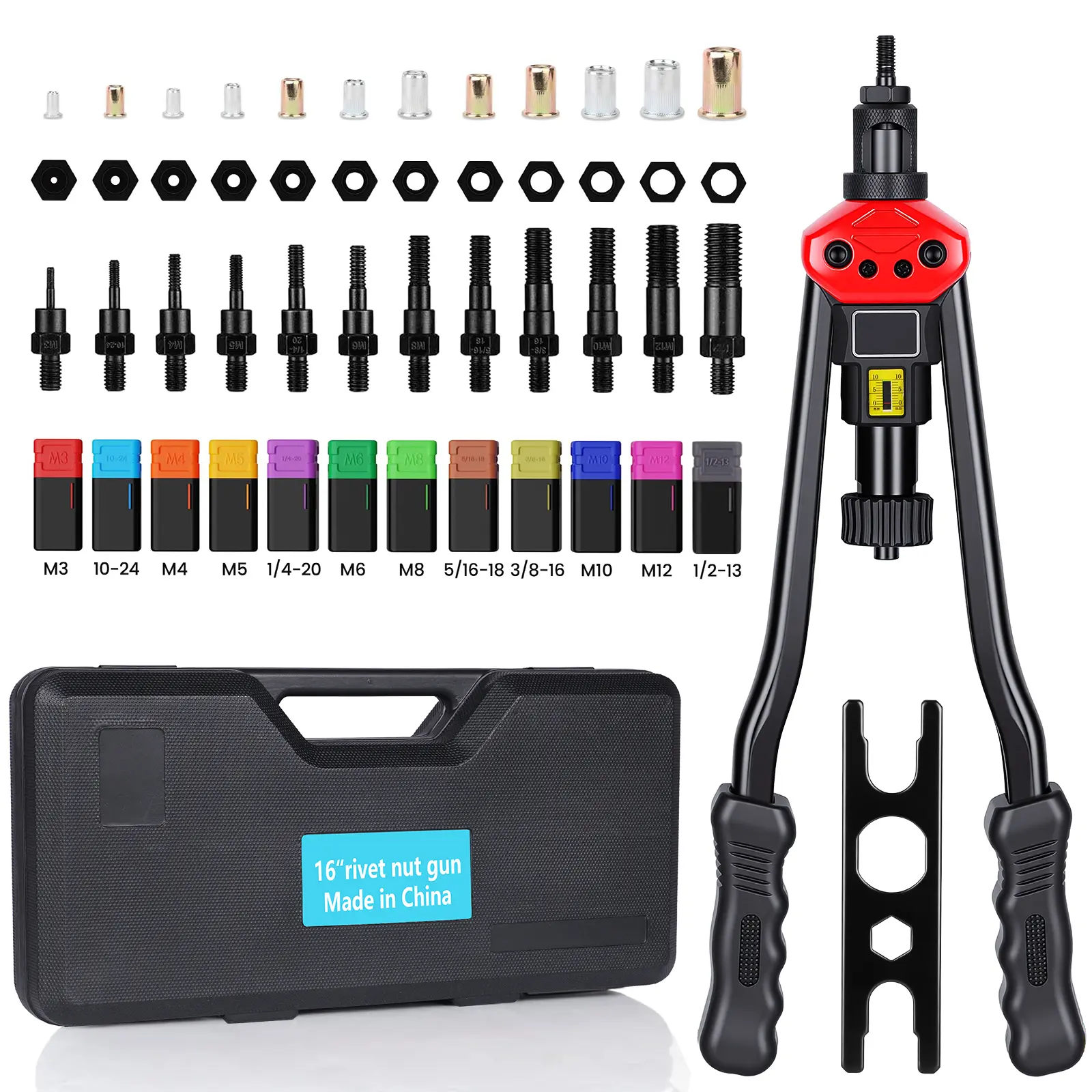 Flycity Rivet Nut Tool Kit, 16-Inch Rivnut Tool Kit with 12 Metric and SAE Mandrels, 176Pcs Rivet nut Assortment Kit, Designed ffor Labour Saving