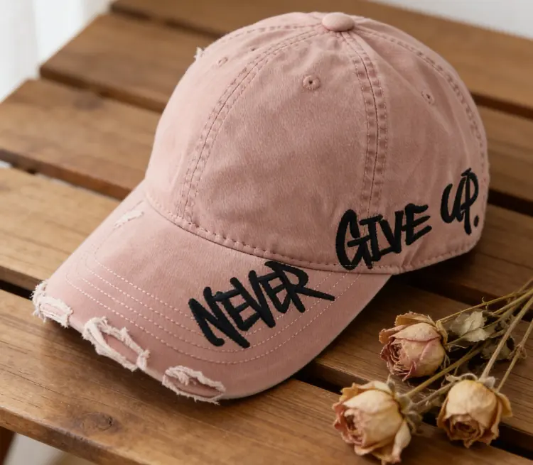 Black Washed Baseball Cap for Women, Lightweight Vintage-Style Polyester with "Never Give Up" Side Embroidery, Adjustable Buckle Closure, Hand Wash Only, Female, Black With White Embroidery, Daily