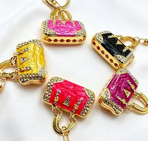 Premium Mini Square Bag Charm-Keychain, Colorful Enamel Cloud Motif with Pink Rhinestones-Embellished Alloy, Fashion Accessory for Car Keys, Handbags, Bag Charms, Pink Rhinestones Keychains