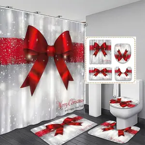 Christmas Bow Shower Curtain Set, Includes Hooks, Bath Mat, Toilet Lid Cover, U-Shaped Tray, Holiday Bathroom Decor Gift, Bathroom Decoration Accessories
