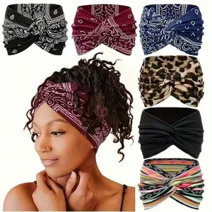 1-Piece Bohemian Print Cross Knot Headband - Wide Elastic Yoga & Sports Design with Vintage Floral Sky Blue Pattern, Women's Comfort Stretch Headwear for Active Lifestyles & Fashion Statements