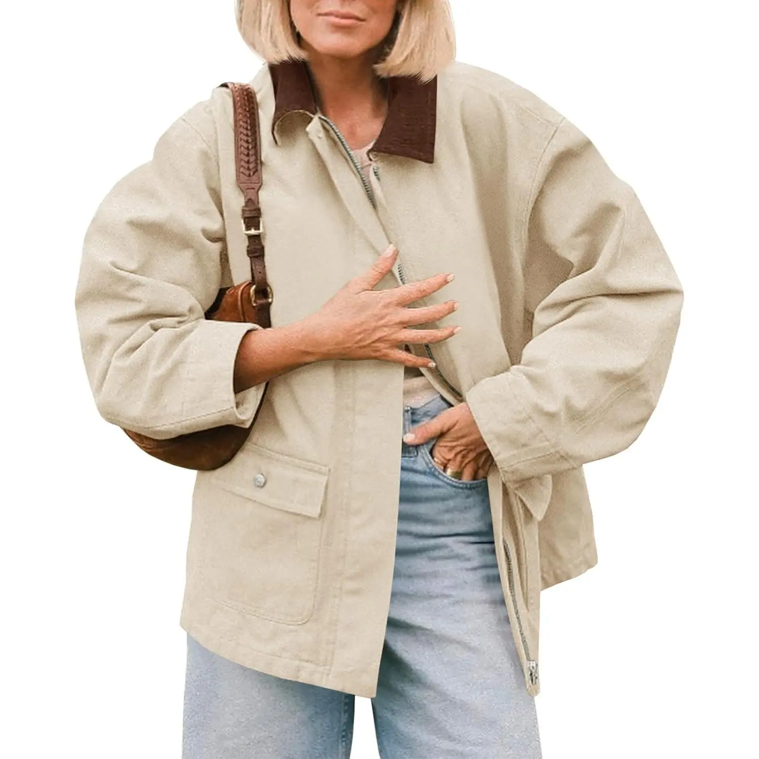 Lannew Womens Oversized Barn Jacket Zip Up Military Safari Jackets Fall Color Block Vintage Trench Coat with Pockets