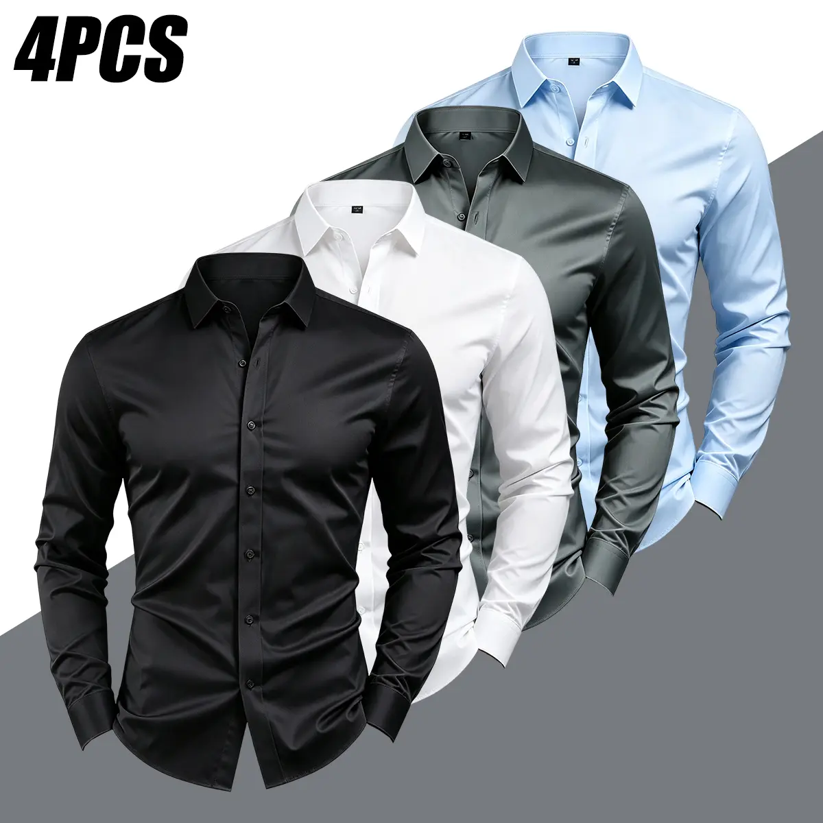 JOGWAVE 4PCS Men’s Wrinkle-Resistant, No-Iron, Four-Way Stretch, Silky Dress Shirts | Slim Fit Turn-Down Collar, Long Sleeves, Button-Front | Skin-Friendly Business/Office Commuting/Wedding Formal Shirt