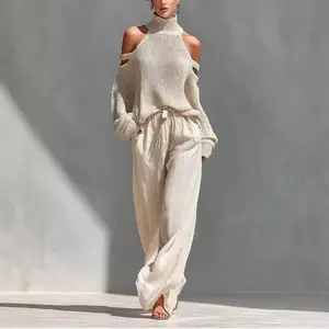 Women's Beige Knit Fabric Cold-Shoulder Turtleneck Top & Wide-Leg Pants Set