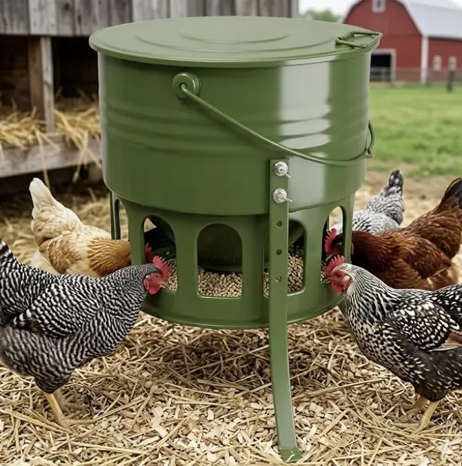 Metal Automatic Poultry Feeder for Backyard Chickens - 20 Lbs Capacity, 12-Port Less Mess Feed Box, Adjustable Height, Lid, Handle, Rat-Proof, Rust-Proof