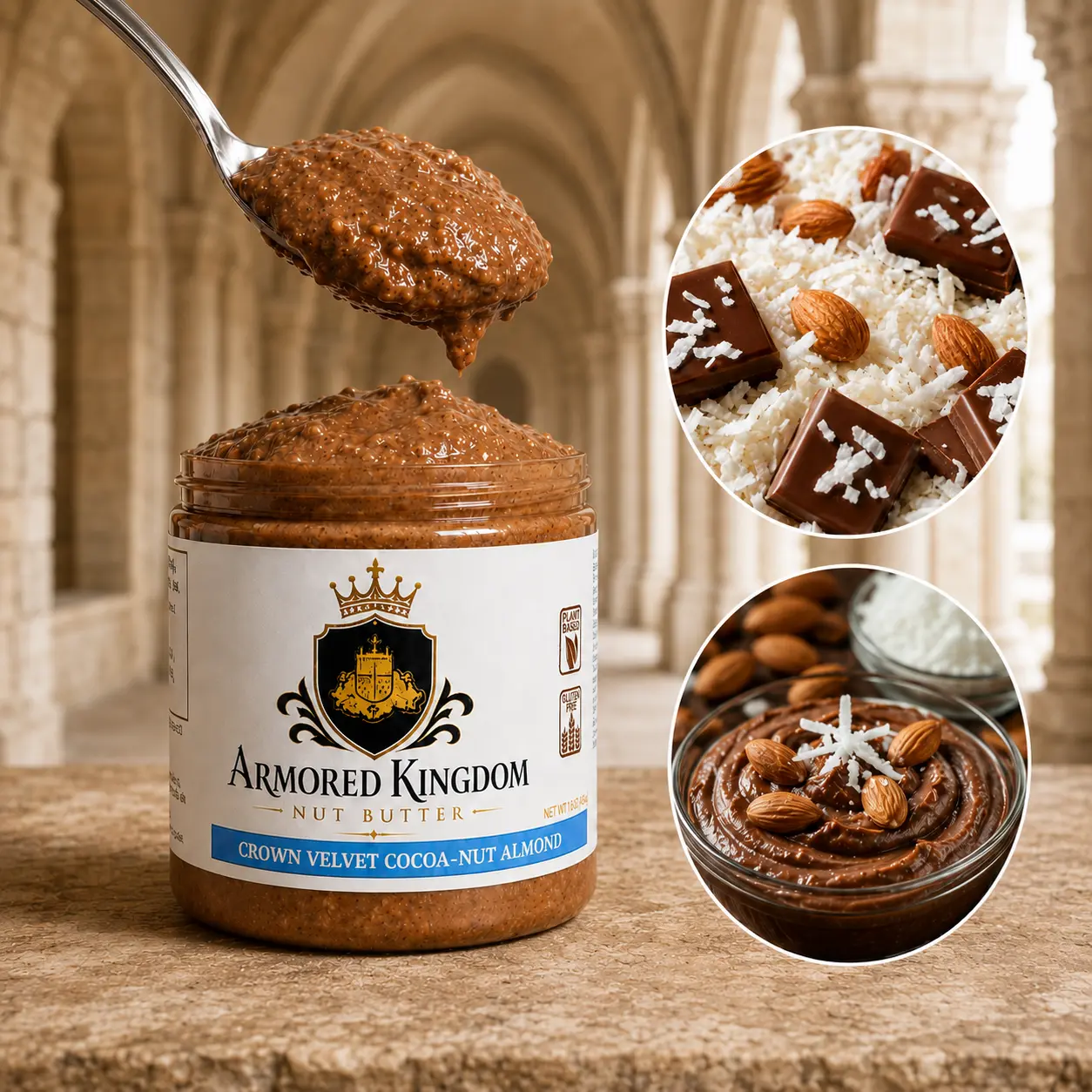 The Armored Kingdom Crown Velvet Certified Organic Nut Butter Spread - Chocolate, Almonds, Coconut, Healthy Choice Pantry Treat, Food, Glass Jar