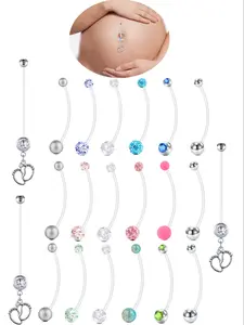 Women's Belly Button Ring Set, UV Transparent Acrylic Plastic Long Navel Piercing Jewelry, Foot Pendant Design, 38mm Size