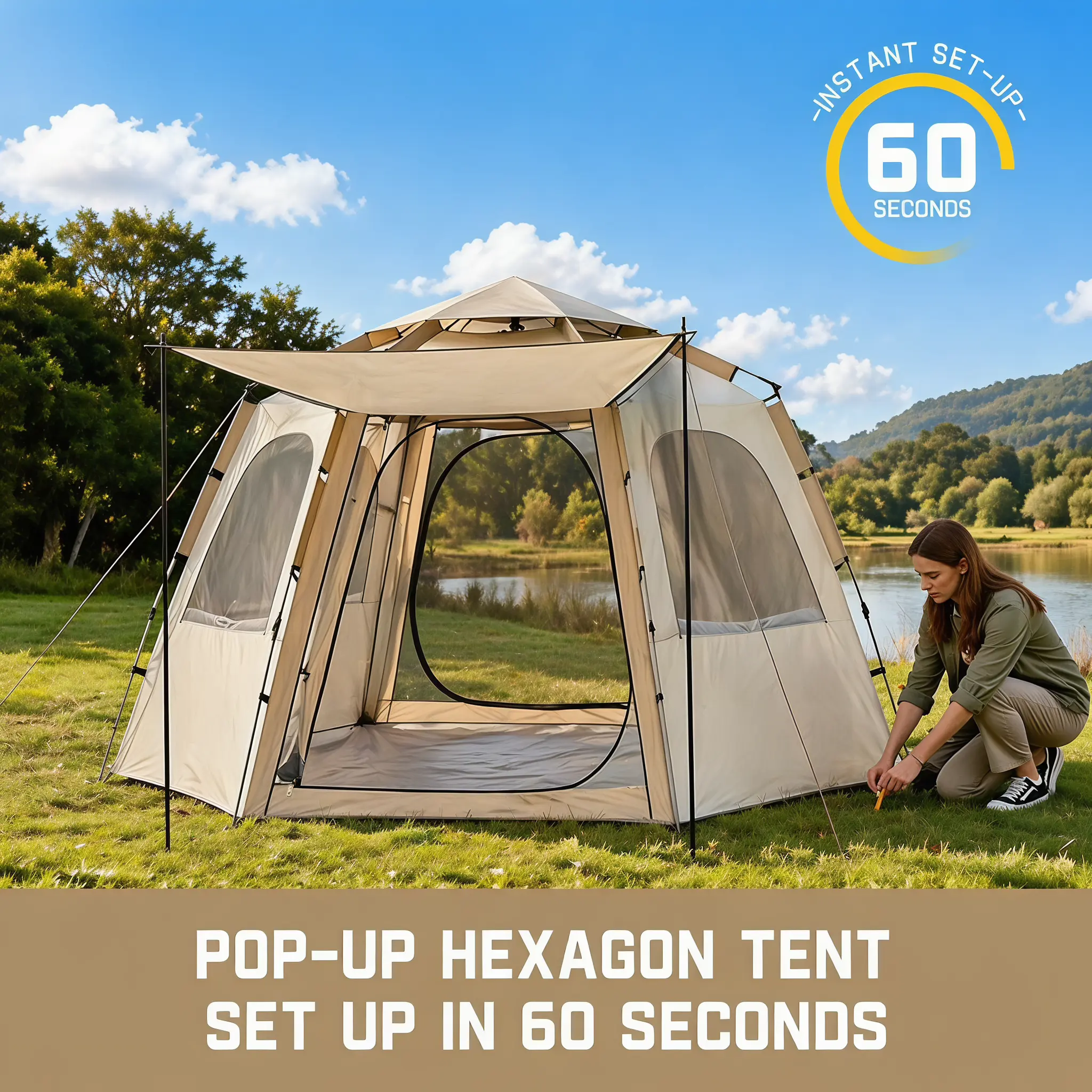 Silver-Coated Hexagon Camping Tent for 5-8 Person Large Groups, Double Layer Waterproof Shelter with UV Sun Protection & Included Awning, Outdoor Camping, Double Layers, Hexagon Layout, Unisex, Functional