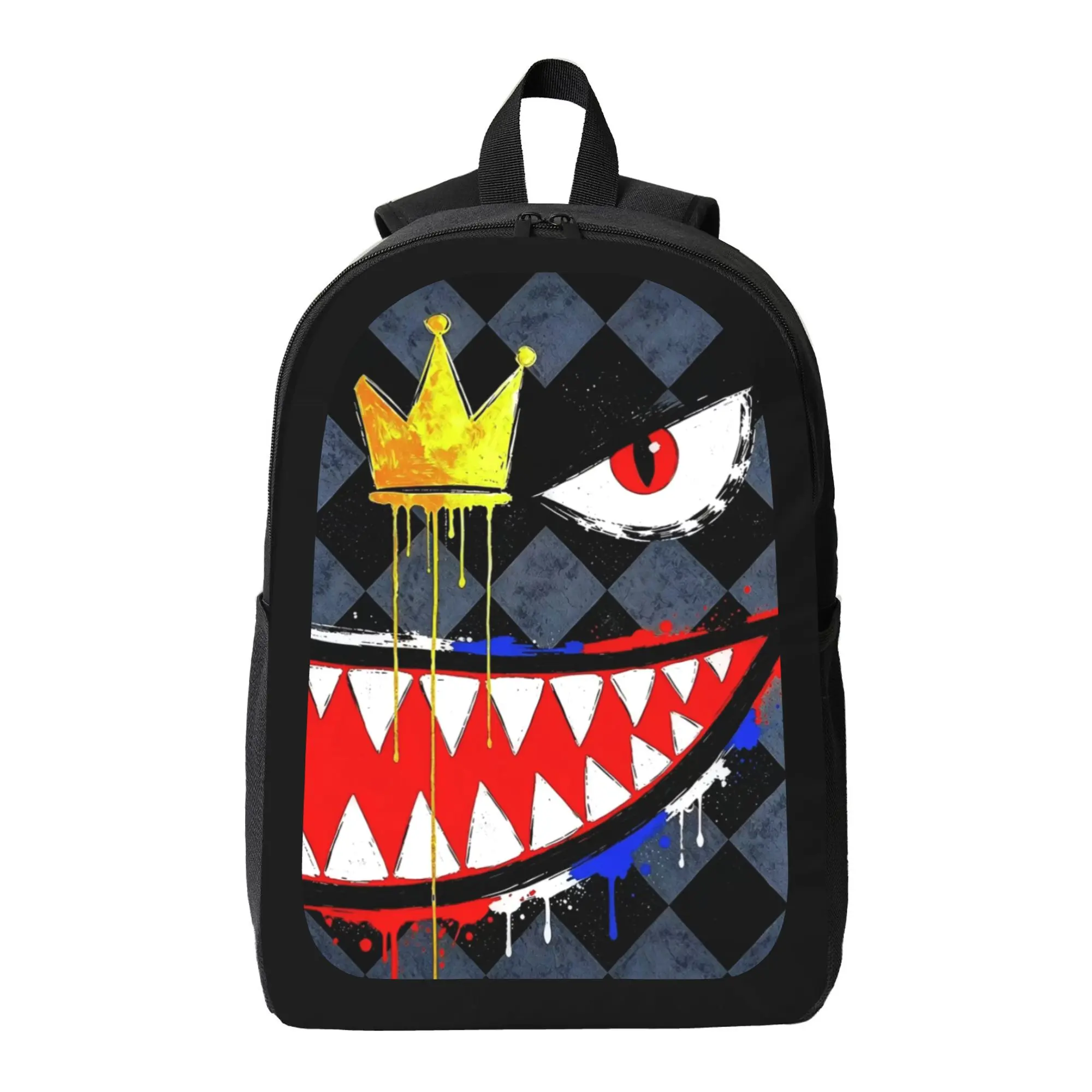 Unisex Polyester Backpack - Trendy Casual Style with Bold Print, Gold Crown, Fang-Filled Grinning Mouth, Red-Eyed Graffiti Splatter, Ideal for Backpacks for School, Streetwear Use, Waterproof, Fashion Durable Backpack