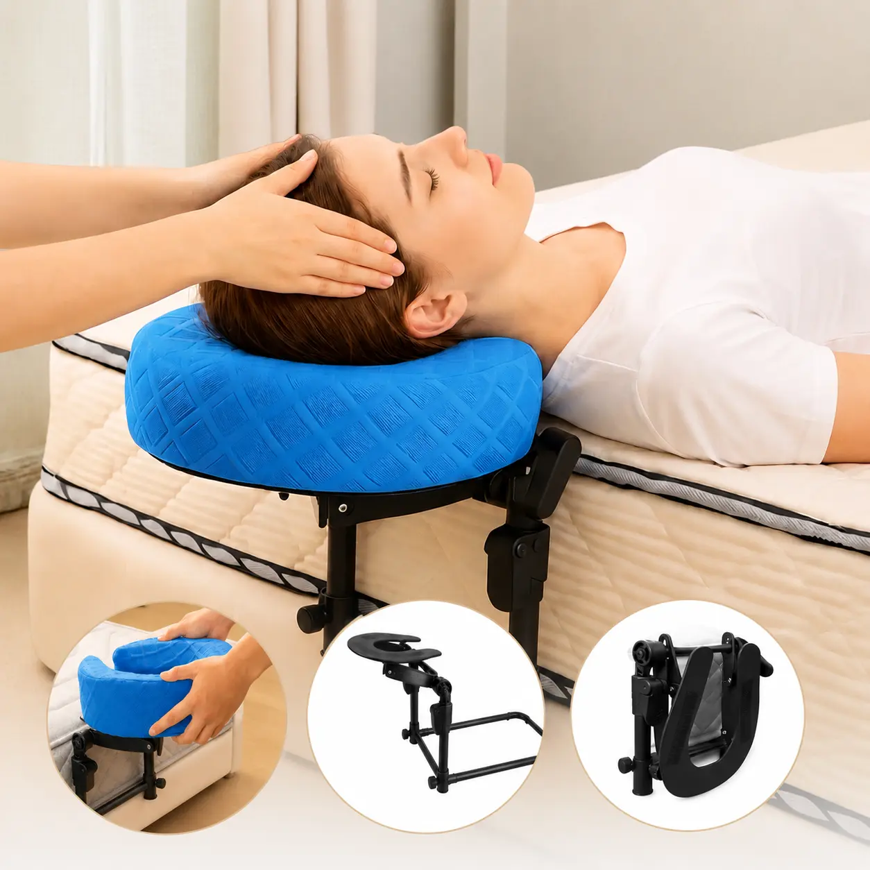 Sohochic Ergonomic Memory Foam Massage Headrest for Bed - 3.5lb Fully Adjustable Physical Rehab Pillow, 6″–17″ Thick, Detachable 2-Piece Blue & Pink Washable Cover Set, Fold-Flat Storage, Under Mattress Fit
