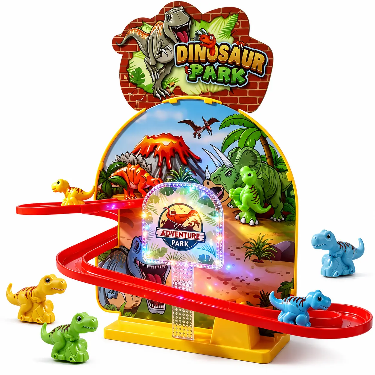 Dinosaur Race Track Toy for Kids, Electric Dino Climbing Stairs and Sliding Track Playset with Lights Music and Dinosaur Figures, Toddler Gift for Boys Girls Ages 3-6