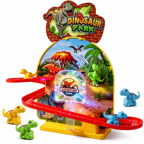 Dinosaur Race Track Toy for Kids, Electric Dino Climbing Stairs and Sliding Track Playset with Lights Music and Dinosaur Figures, Toddler Gift for Boys Girls Ages 3-6