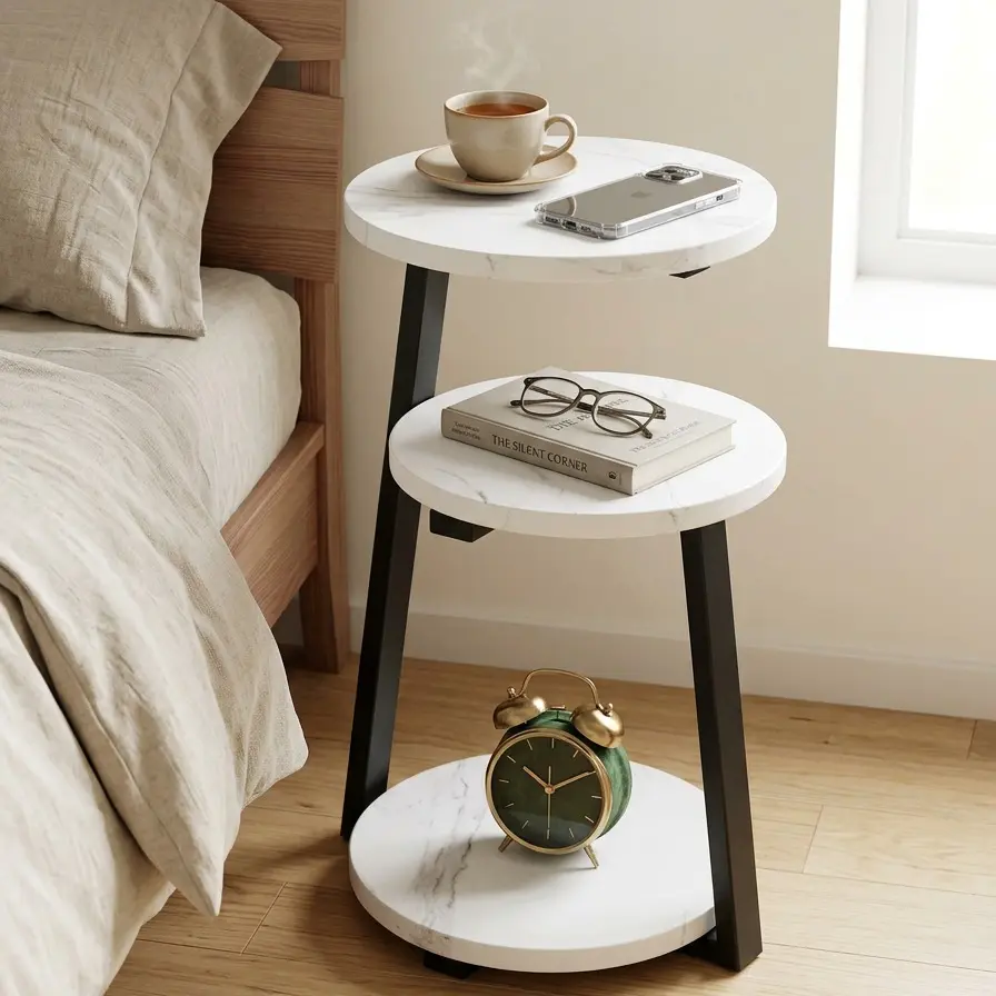 Oakault White Gold Round Indoor Side Table - 3-Tier Modern Night Stand with Sturdy Reinforced Metal Base, Compact Quick-Setup 3 Shelves, for Bedroom Living Room Decor (Nightstand Bedside, Round Shape)