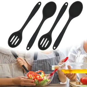 4PCS Silicone Cooking Utensils Set 10.6 Inch Large Silicone Serving Nonstick Spoons Heat Resistant Mixing Slotted Spoons for Kitchen Cooking Bake Stir, Dishwasher Safe (Black)