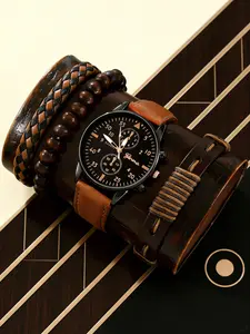 1pc Black Casual Fashion Men's Analog Quartz Watch Round Pointer Quartz And 3pcs/Set Bracelets As A Gift For Back To School Students
