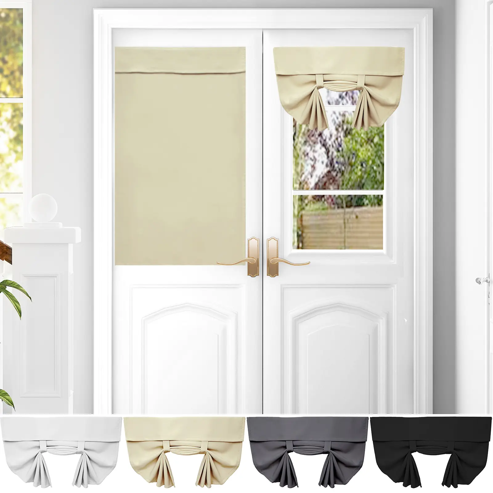 BTTO Blackout Tie-Up Door Curtain Shade - Single Panel Self-Adhesive Easy-Install Polyester Blend Blackout Cloth, Thermal Insulation Privacy Solution for French Doors, Kitchen Decor, Cloth Blackout Curtain