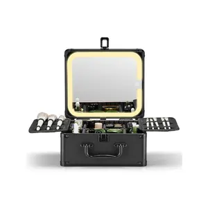 Makeup Box with A Detachable Lighted Mirror, Waterproof Travel Train Case, Cosmetic Organizer and Makeup Suitcase with Adjustable Dividers, Magnetic LED Mirror (Black)