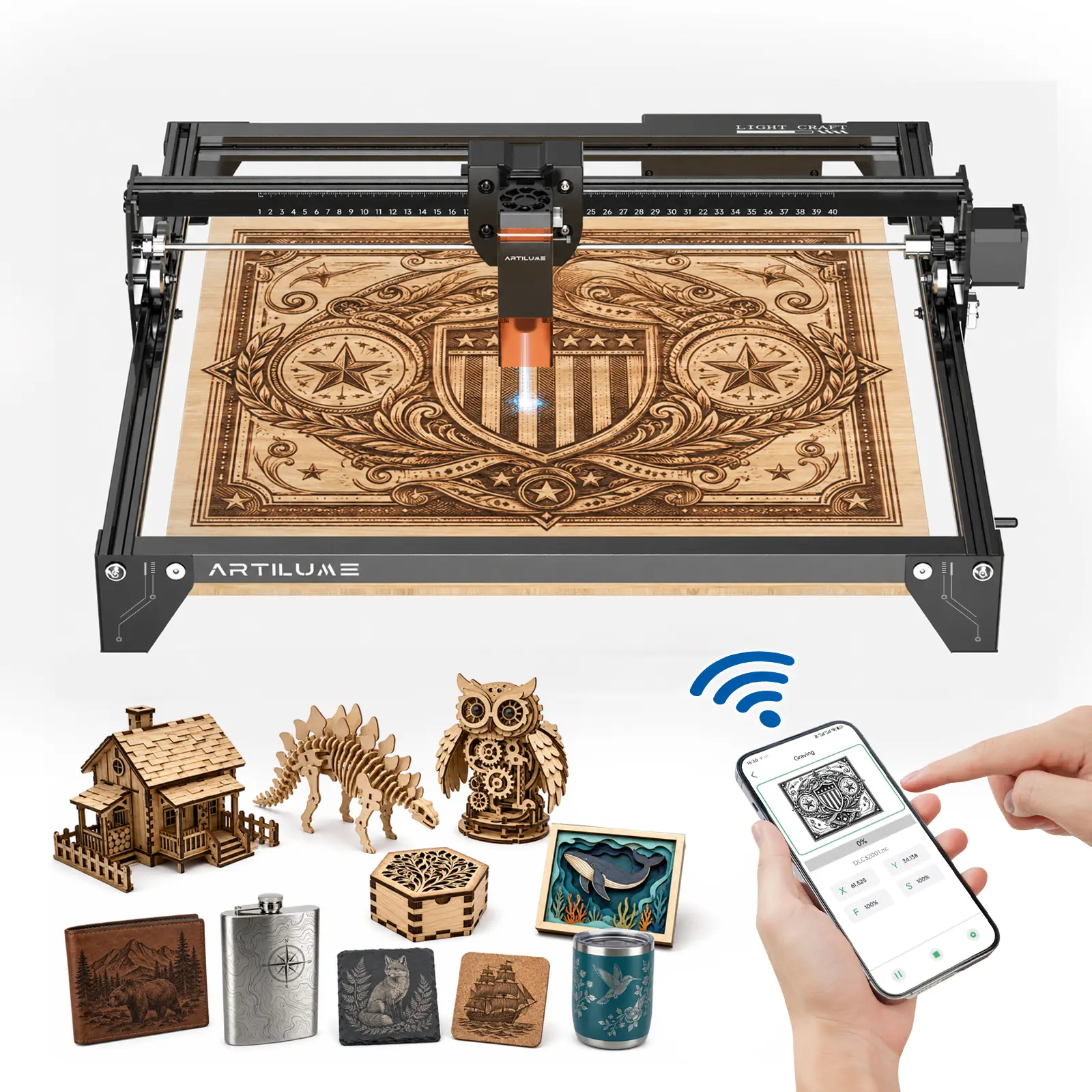 ARTILUME A4 7W/12W/22W Laser Engraver & Cutter with APP Control for Small Business, DIY Crafts & Personalized Gifts, 400×400mm Large Work Area, Engraves Wood, Leather, Acrylic & Metal, LightBurn Compatible