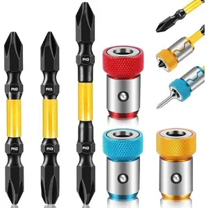 Holeapmo 6PCS Screwdriver Head Magnetic Ring Set for Drill & Impact Driver, Power Mag Bit Ring 1/4 Hex Shank, S2 Steel Double Ended Phillips PH1 PH2 PH3 Bits (65mm & 3IN), Magnetizer