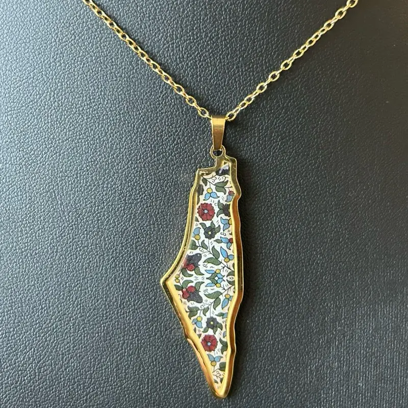 Palestine Map Necklace with Hebron Floral Pattern | Gold Tone Palestine Pendant | Floral Palestinian Map Necklace | Palestine Jewelry Gift for Her for Palestinian weddings and events