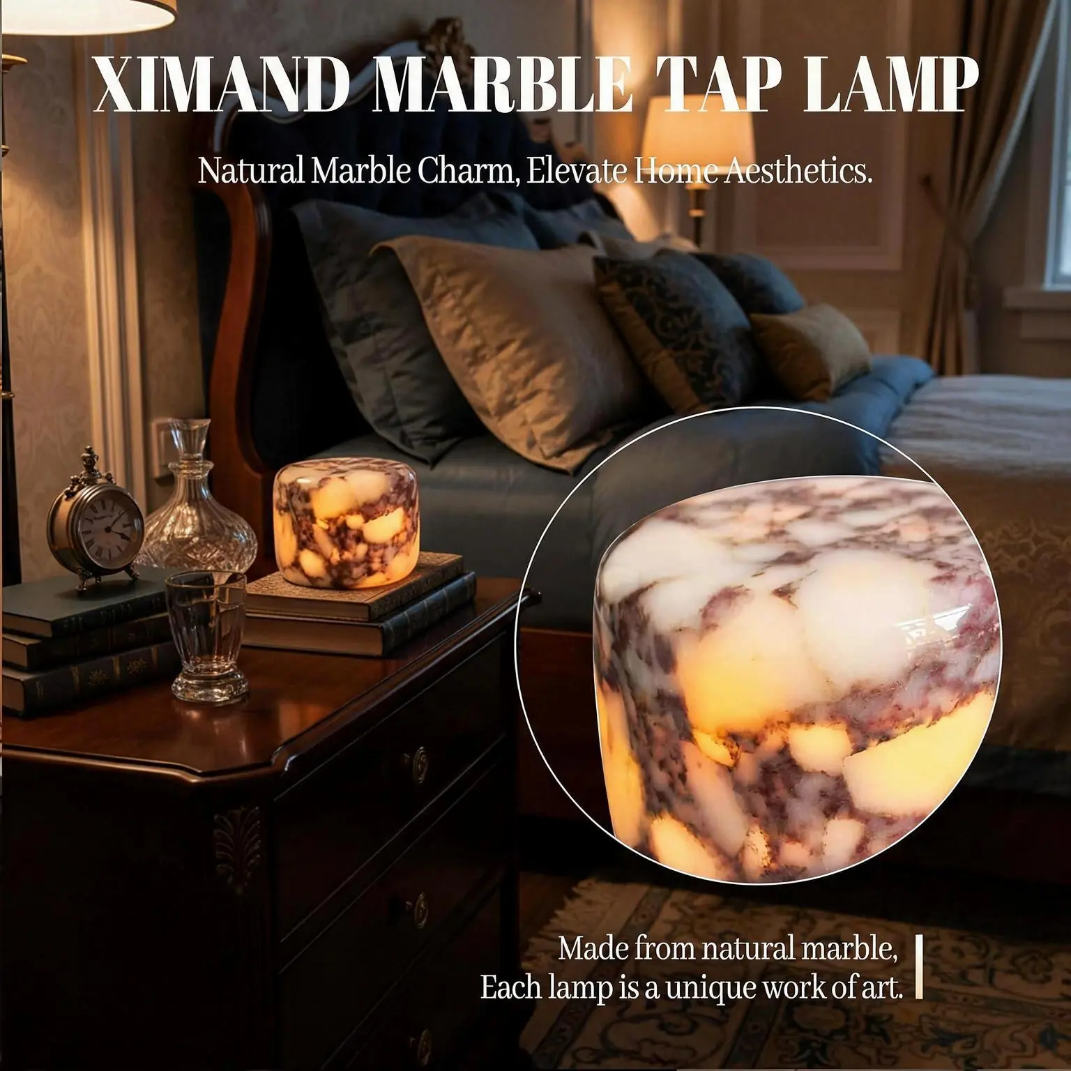 Natural Marble Cordless Night light,Touch Control Rechargeable Table Lamp,3‑Way Dimmable Cordless LED Bedside Lamp,USB‑C Charging Natural Stone Decor Lamp for Bedroom Desk Shelf,Home Gift