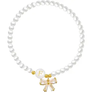 Initial Bracelets A-Z 26 Letters Pearl Bracelet with Bow Charms for Women Rhinestone Bow Bracelets Adjustable Jewelry for Mom Daughter Birthday Gift