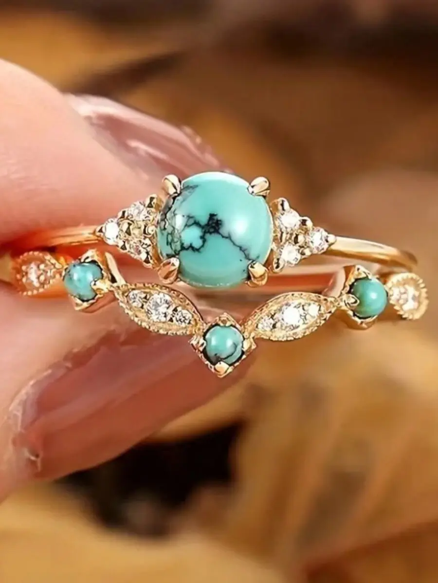 2PCS Fashion Turquoise Ring Set – Elegant Women's Statement Rings