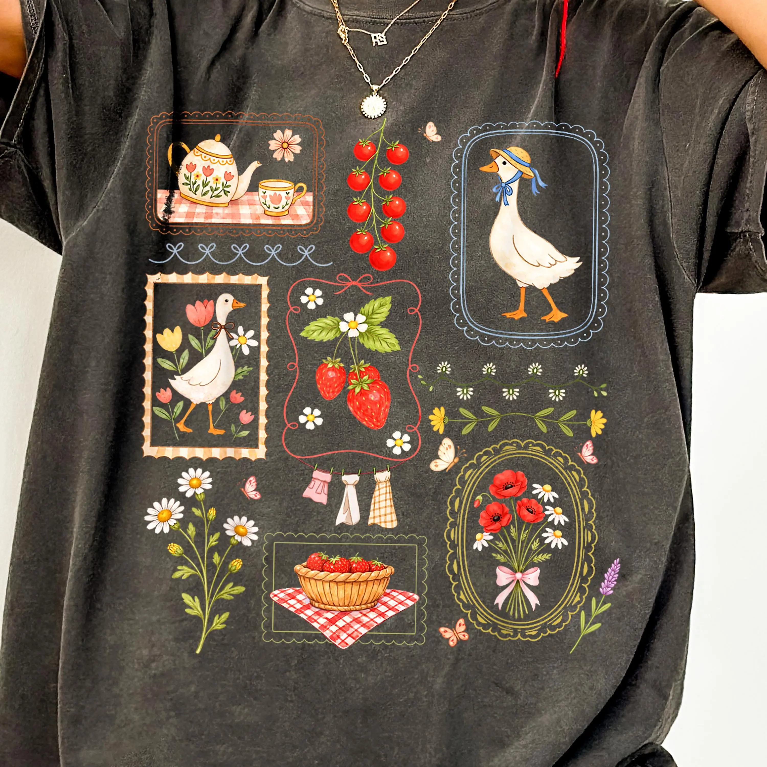 Strawberry Goose Shirt, Cottagecore Shirt, Vintage Floral Goose Tee, Cute Farmcore Aesthetic, Comfort Colors Gift for Her