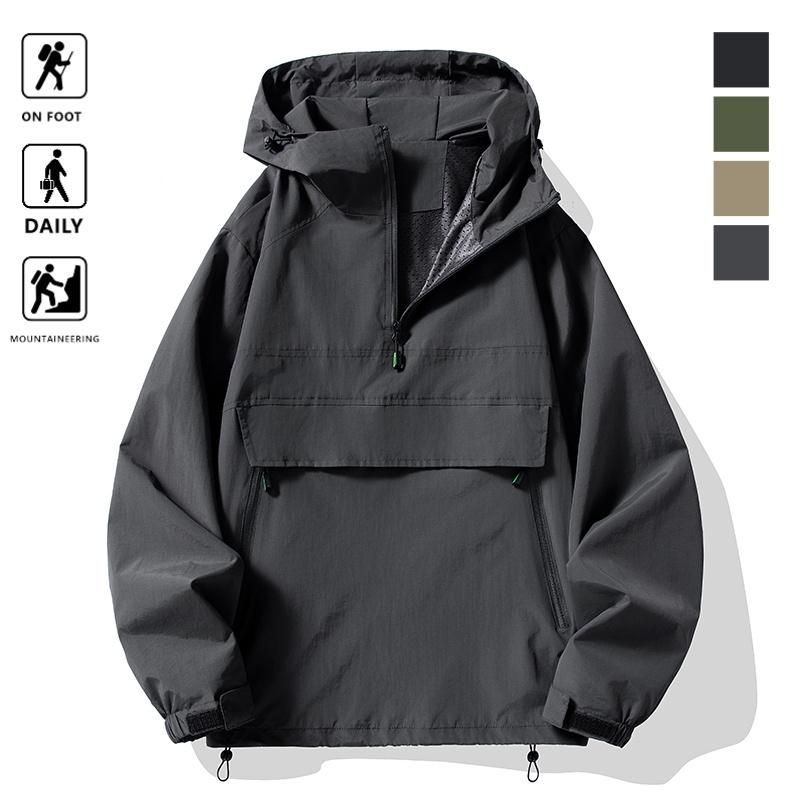 Half Zipper Mountain Style Loose Fit Pullover Hooded Outdoor Casual Autumn Trendy Brand Men's Jacket - Men's Jackets - Men's Clothing