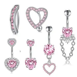 QWALIT Stainless Steel Pink Belly Ring Cubic Zirconia Set with Sparkly Pink Heart Bar, 14G Belly Button, Body Jewelry for Nipple Piercing
