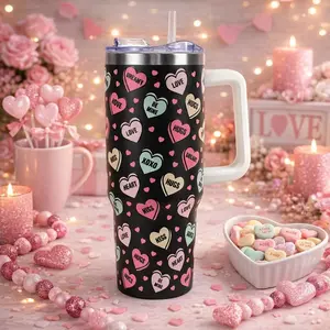 Candy Heart Valentine 40oz Stainless Steel Tumbler With Handle, Insulated Travel Mug, Cute Love Design Gift for Her, Girlfriend, Wife, Couples