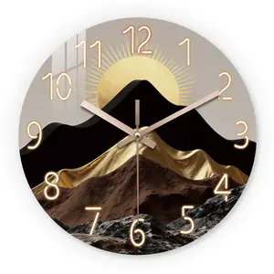 Mountain Sunrise Wooden Wall Clock, Home Decor, Silent 10-24 Inch Battery Operated, Ideal for Living Room Bedroom Office, No Batteries Included, Creative Decorative Clock