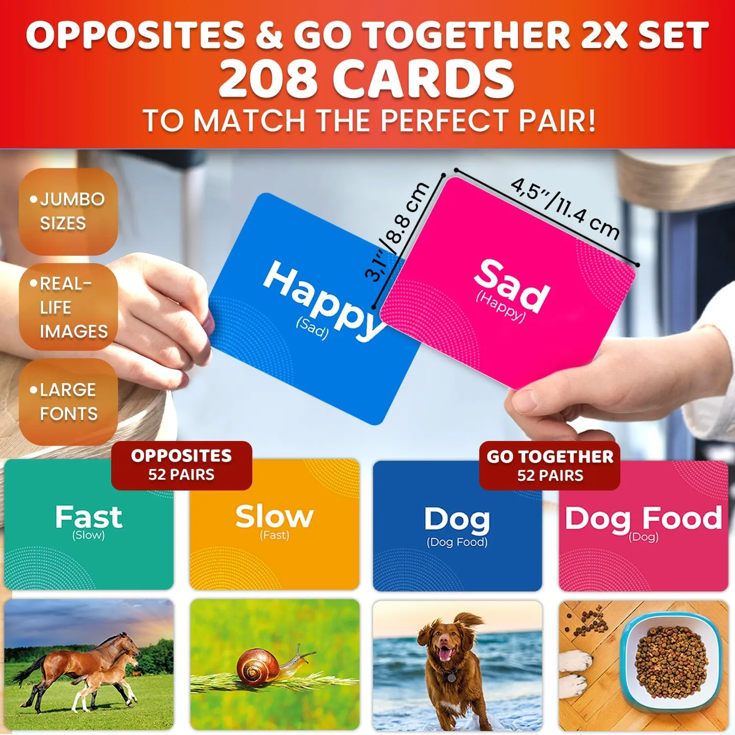 QUOKKA 208 Vocabulary Flash Cards Set - Large-Size Matching Game
