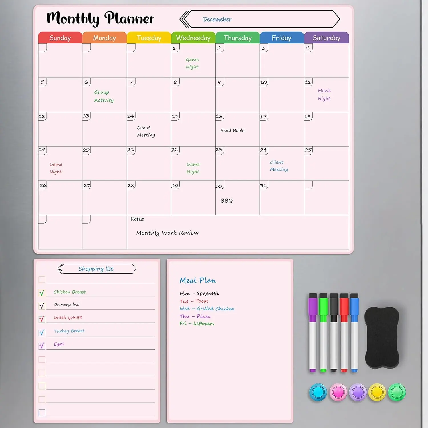 MaxGear 3-Pack Reusable Magnetic Refrigerator Monthly Calendar, 15x11.5in Pink Dry Erase Whiteboard with Strong Magnets, Family 6-Week Layout Schedule Planner (List & Blank Board), Durable Material, 5 Markers, 1 Eraser for Appointments & Daily Chores, Reu
