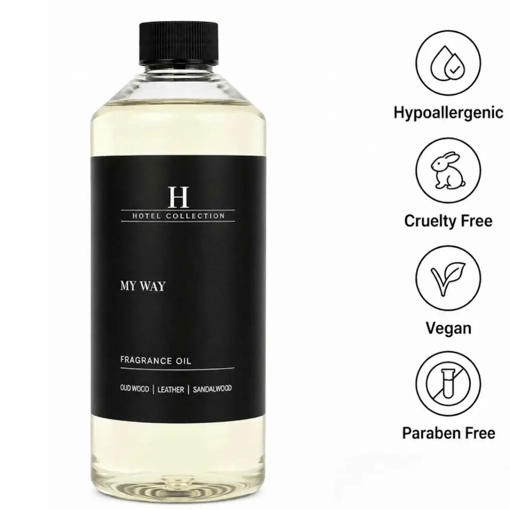 Hotel Collection My Way Essential Oil Scent - Luxury Hotel Inspired Aromatherapy Scent Diffuser Oil - Lush Sandalwood Warm Virginia Cedar & Beautiful Iris - 500 mL Freshener Fragrance Scented Perfume Bottle - Hypoallergenic Cruelty Free Vegan Paraben Free
