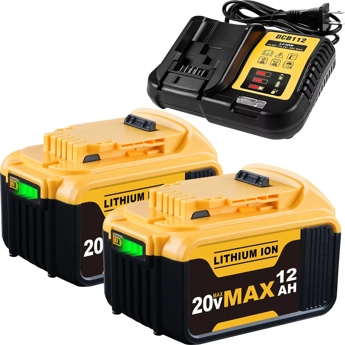 2-Pack 12.0Ah Lithium Ion Cordless Drill Batteries & DCB112 Charger Combo for Dewalt 20V MAX Power Tools, Compatible with DCB200, DCB205, DCB206 Series, Cordless Drill Battery