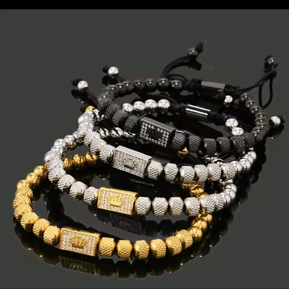 Luxury Beaded Bracelet Set with Crown Design in Gold & Silver Options Perfect for Everyday Wear