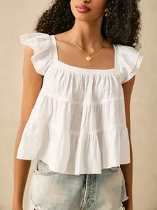 Women's Summer Casual Solid Color Loose Ruffled Shirt Blouse, Comfortable and Stylish Top for Daily Wear, Perfect for Warm Weather