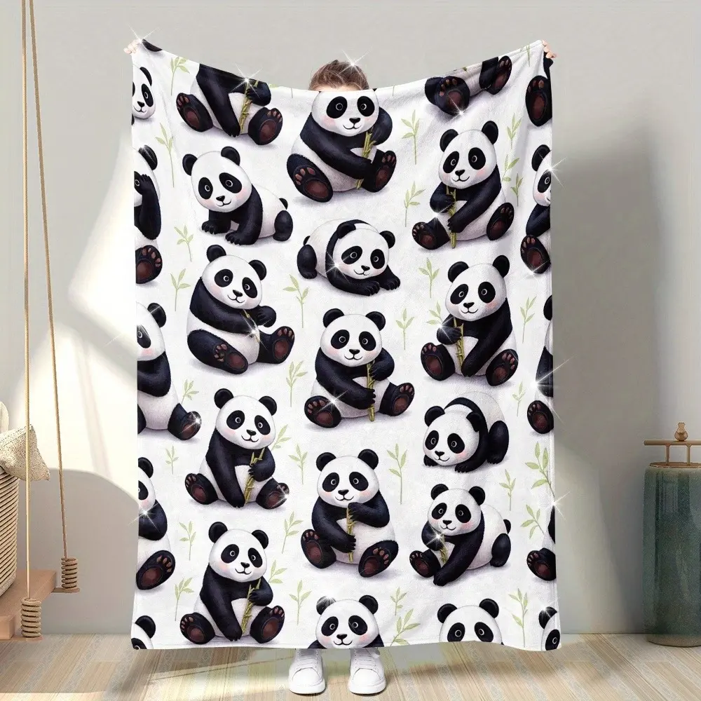 Soft Cozy Flannel Panda Blanket - Cartoon Bamboo Print Plush Throw Blanket, Warm Fuzzy Bedding for Bedroom Sofa, Perfect Gift for Panda Fans, Home Decor Essential, Blankets, Throw Blankets