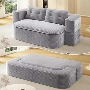 78.7-in Upholstered Sofa Couch, Queen 2-in-1 Folding Sleeper Sofa Bed, Corduroy Boneless Convertible Futon Loveseat with Blanket, No-Assembly Modern Couch for Living Room, Guest Bed, Light Grey