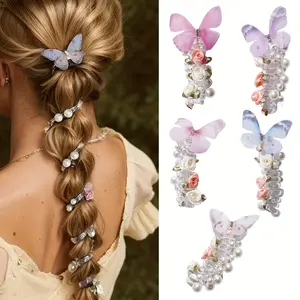 Butterfly & Floral Pearl Telephone Cord Hair Ties – Coil Spiral Hair Accessories for Women, Cute Fairycore Braiding Decor, No-Damage Ponytail Holders